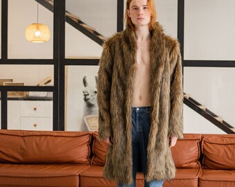 Dark coyote faux fur coat, Men coat with collar