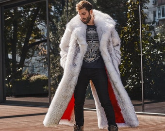 Ken white faux fur coat, long white mens furry jacket