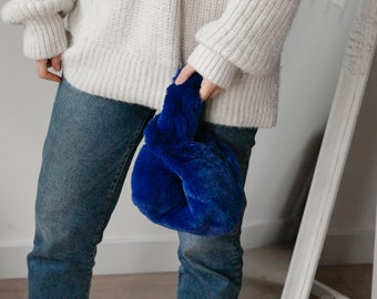 Faux fur electric blue tote, Fluffy mini bag, Bride bag, Vegan purse, Party bag