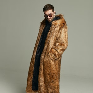 Mens long hooded faux fur coat