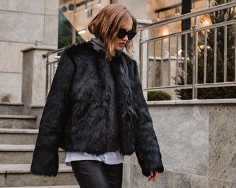 Black cropped faux fur jacket, short woman furry jacket, black wolf statement coat