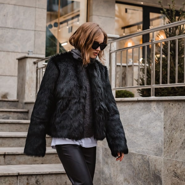 Veste courte noire en fausse fourrure, veste courte en fourrure pour femme, manteau tendance loup noir