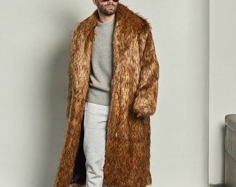 Mens long faux fur coat with shawl collar, Classic men brown faux fur coat, Red coyote faux fur coat, Ankle length coat, Oversized coat