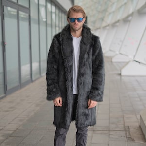 Black wolf midi coat, Men collared faux fur jacket