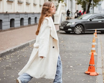 Long white faux fur coat,  woman winter jacket, Maxi robe coat, Teddy bear overcoat