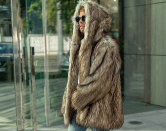 Coyote faux fur jacket with oversize hood, man beige fake fur jacket, Burner coat