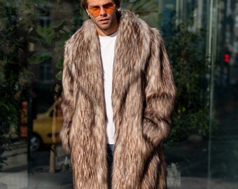 Collared coyote faux fur jacket, Coat with shawl collar, Mans midi faux fur coat