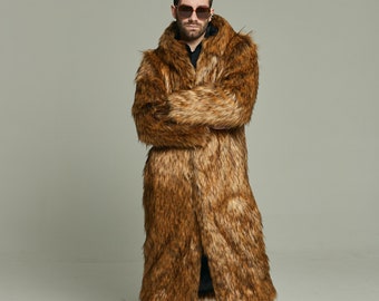 Long hooded fox faux fur coat , Men's coat with oversize hood