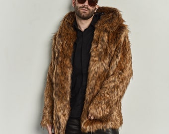 Short hooded faux fur coat, Fox faux fur jacket with oversized hood, man winter furry coat