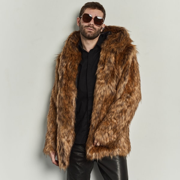 Short hooded faux fur coat, Fox faux fur jacket with oversized hood, man winter furry coat