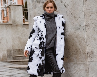 Cow print faux fur midi coat, Women black & white spotted jacket, Fuzzy fake fur coat