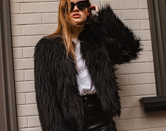 Cropped faux fur llama, Women short black jacket, Shaggy coat, Rave clothing