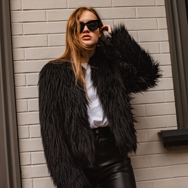 Cropped faux fur llama, Women short black jacket, Shaggy coat, Rave clothing