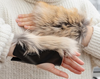 Fox faux fur mittens, Animal fake fur gloves, Festival mittens