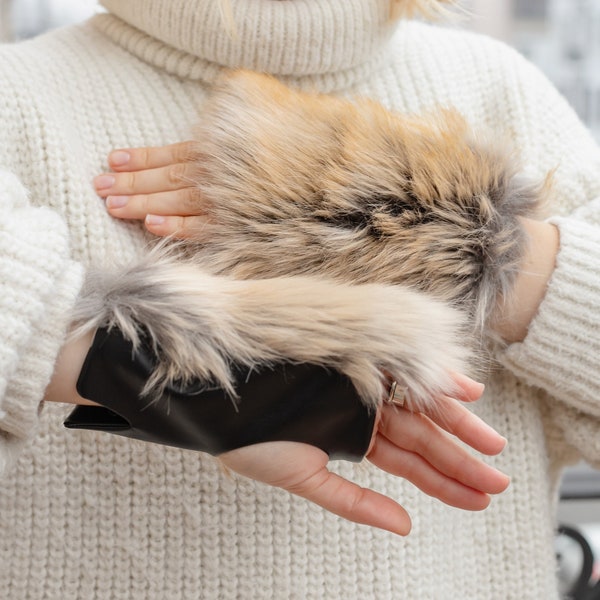 Fox faux fur mittens, Animal fake fur gloves, Festival mittens