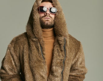 aere shaggy jacket coat グレー FUR ACCENTS Exotic Faux Fur Shaggy Gray Wolf - Large Baggy