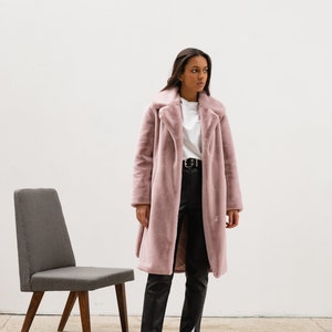 Pink plush faux fur coat, Blush long women coat,  Long sleeve coat with notched collar