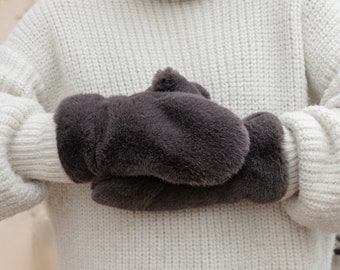 Gray faux fur gloves, Fluffy gloves, Soft warmers