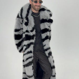 Shadow Stalker floor-length faux fur coat / Grey & black Stripes, Double Collar, Sizes XS–3XL