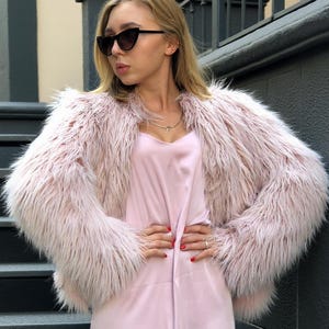Light Pink Faux Fur Festival Jacket / Bridal Coat /Boho Bride Wedding Cover Up / Shaggy Fluffy Shrug / Rave Outfit