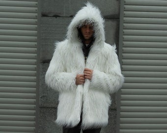 【muguet】shaggy long coat / white Shaggy Long Coat , White Faux Fur , Mongolian Fur , Fluffy
