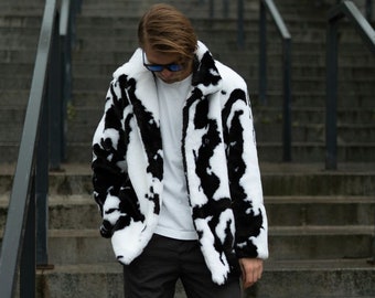 Cow print faux fur jacket, man collared black and white coat, short spotted fur jacket