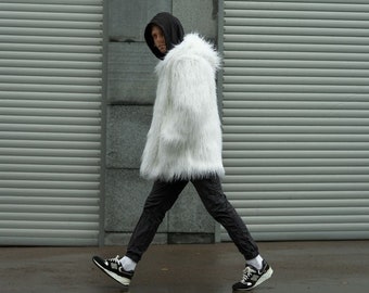 White shaggy faux fur coat with hood, Mens midi hooded jacket, Burning man coat