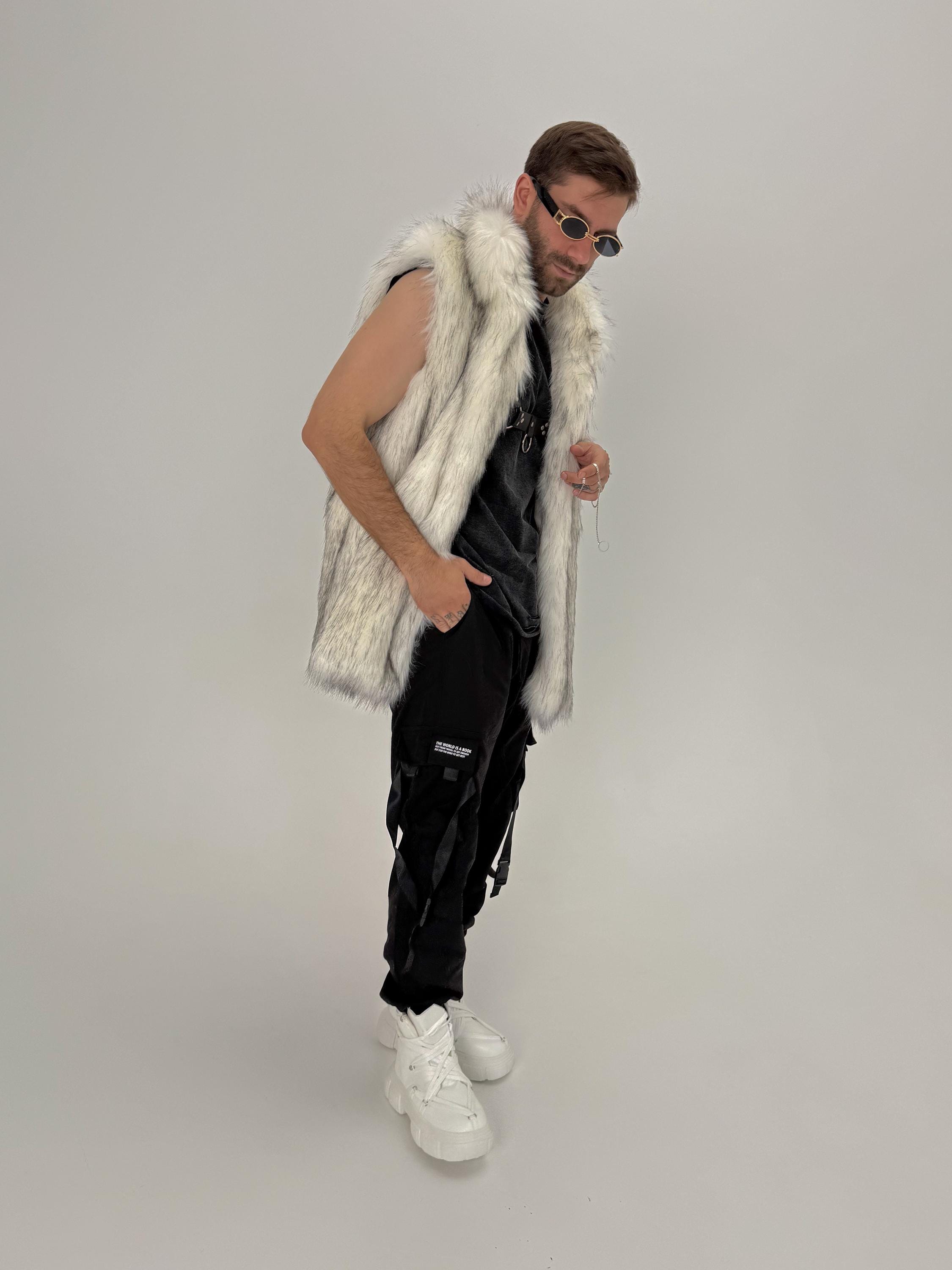 Wolfcore faux fur vest / Men’s long gilet with stand collar / Festival white faux fur vest