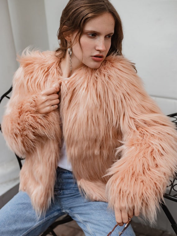 Nude Cropped Faux Fur Jacket Blush Fluffy Jacket Beige Shaggy Short Coat Etsy Canada