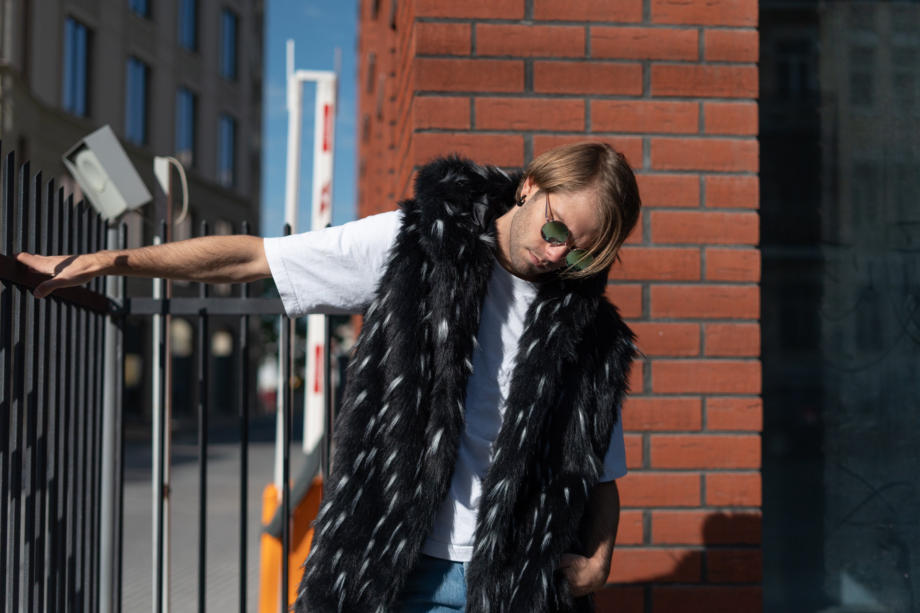 Mens faux fur vest shop with hood