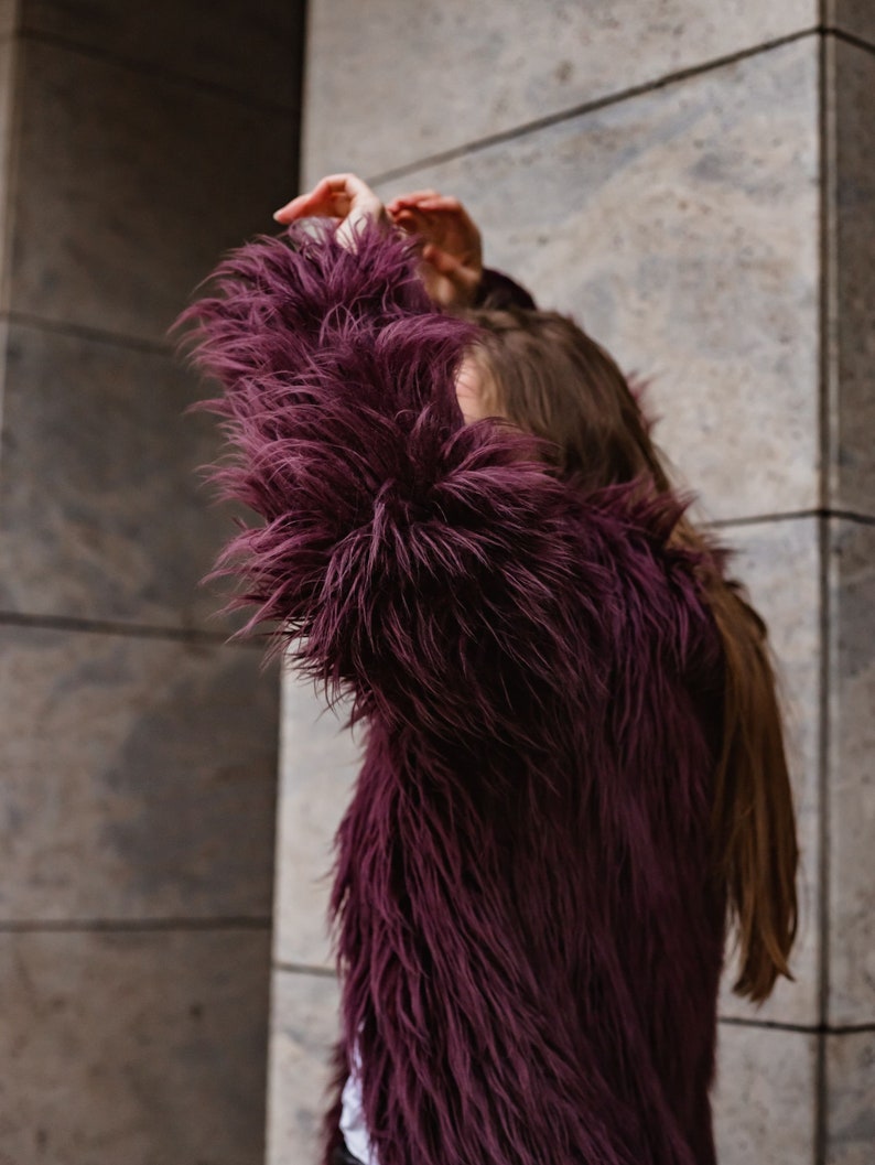 Purple faux fur coat Burning man coat Shaggy plum llama Long line midi jacket