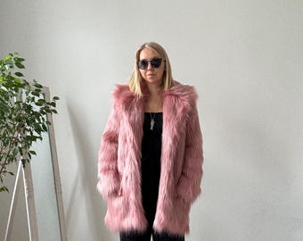 Powder Rose Faux Fur Coat, Fluffy Jacket With Lapel Collar - Etsy