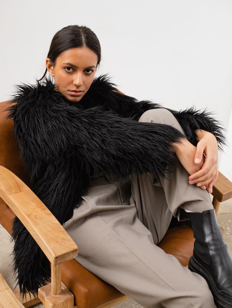 Black faux fur llama coat, Shaggy jacket, Long line midi coat Black