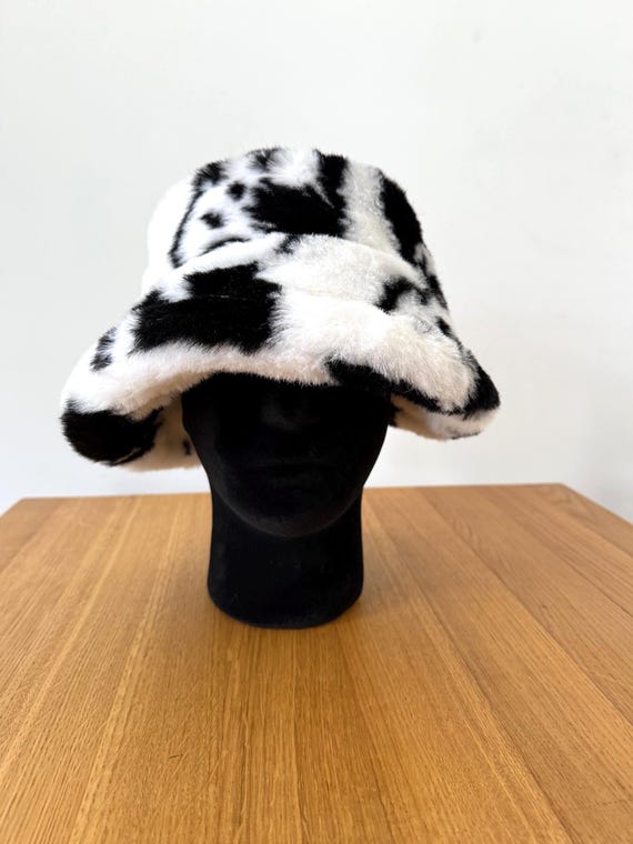Cow Print Faux Fur Bucket Hat: Fluffy 90s Festival Cap - Etsy