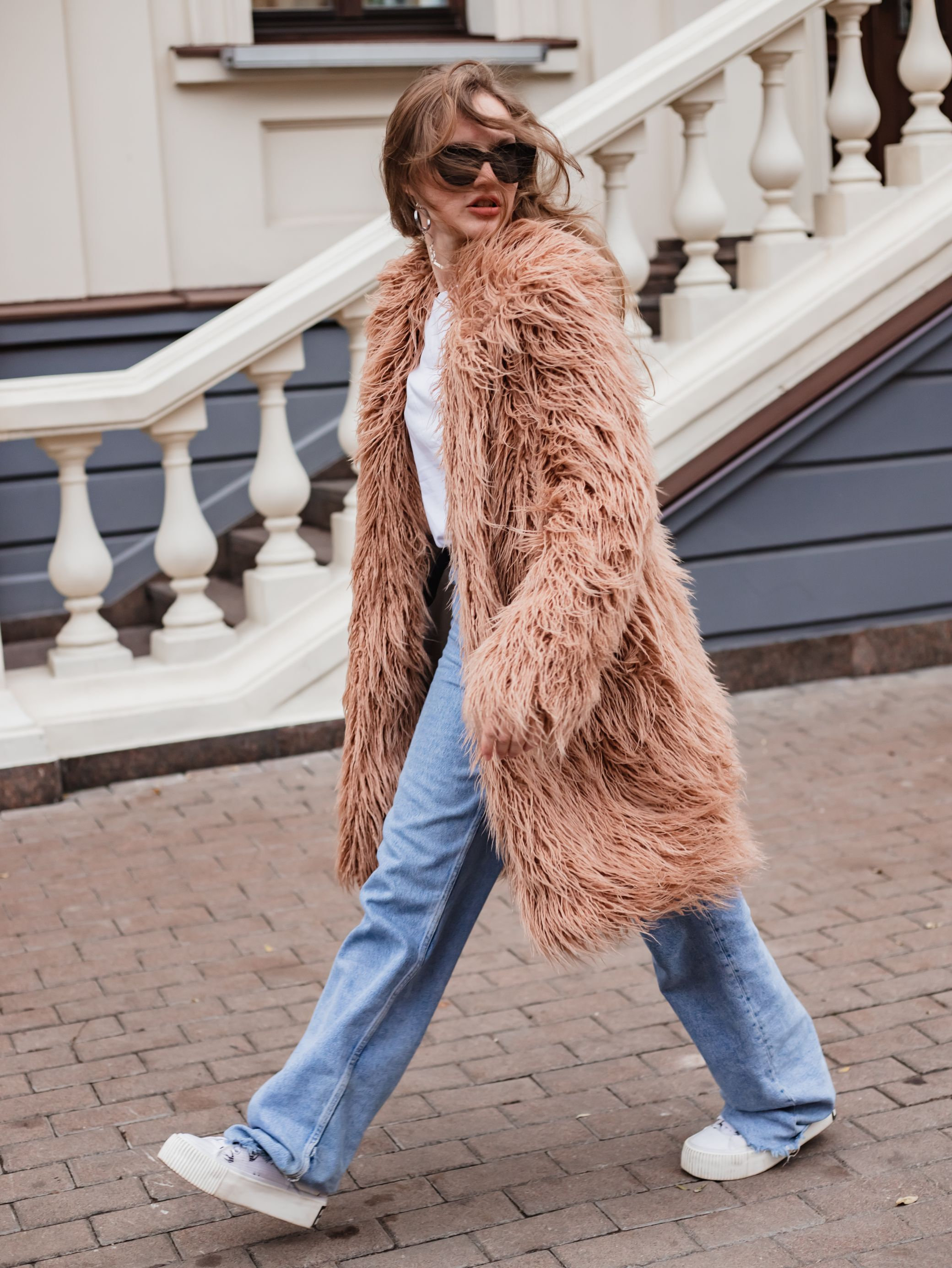 Long Faux Fur Coat With Collar, Beige Collared Fake Fur Coat