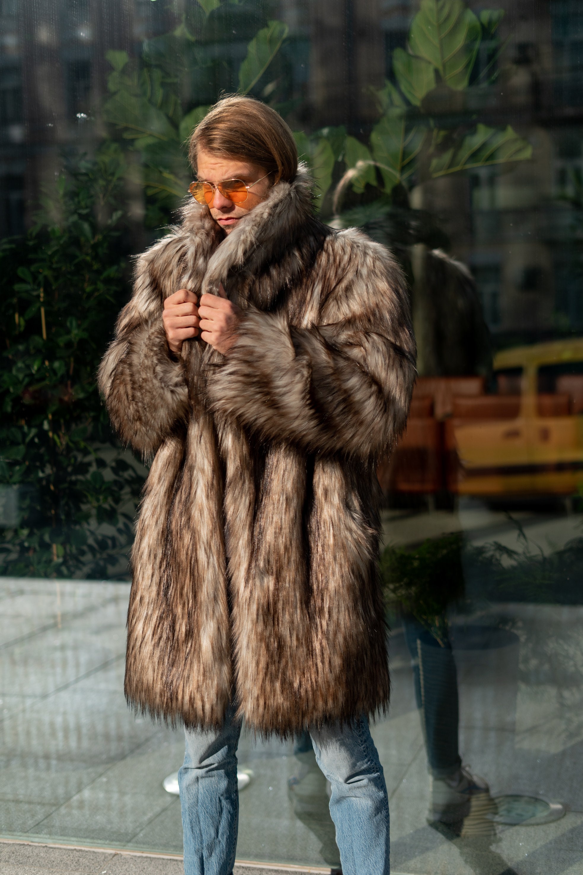 Faux Coyote Fur Coat, Men's Midi Shawl Collar Jacket - Etsy