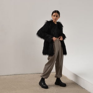 Black faux fur llama coat, Shaggy jacket, Long line midi coat image 1