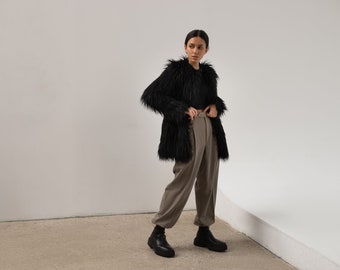 Black faux fur llama coat, Shaggy jacket, Long line midi coat