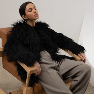 Black faux fur llama coat, Shaggy jacket, Long line midi coat image 3