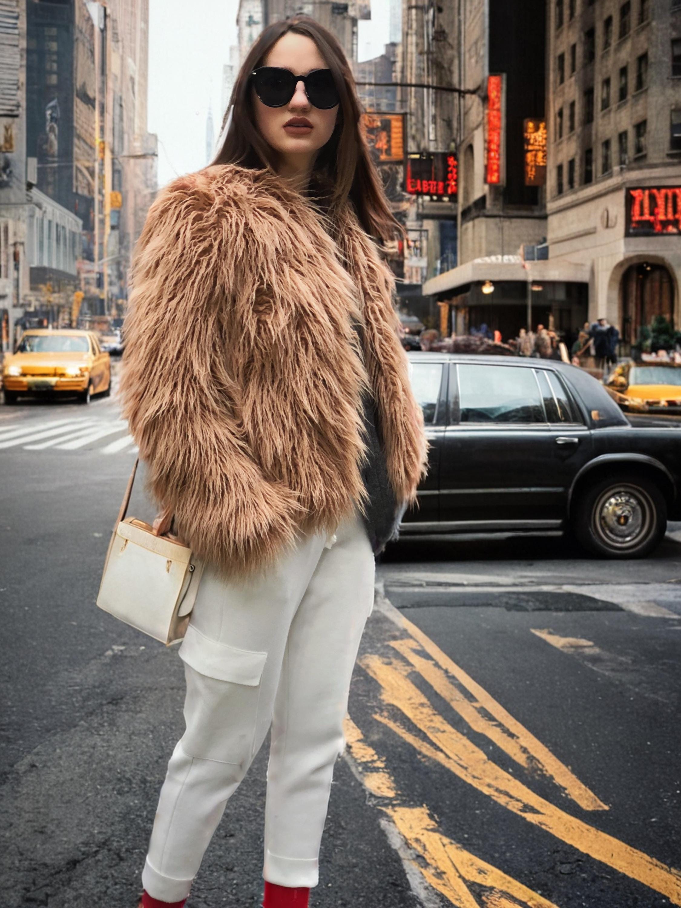 タンベージュのクロップド丈フェイクファーコート、フェスティバル