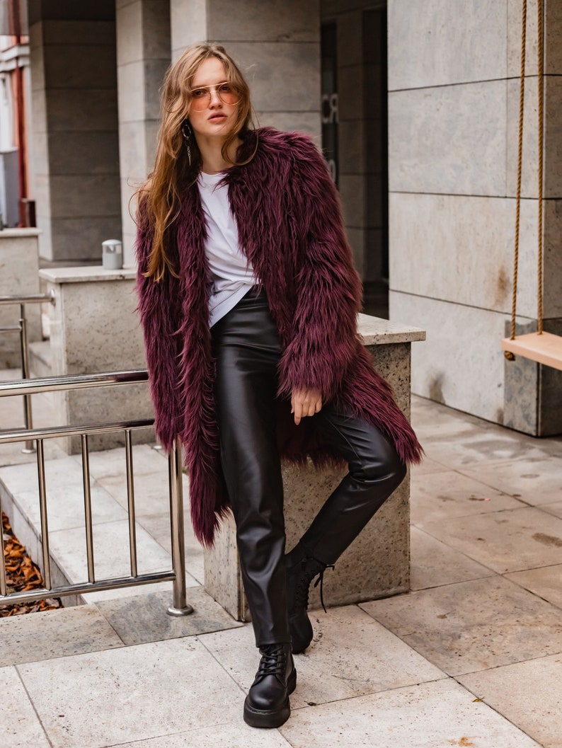 Purple faux fur coat Burning man coat Shaggy plum llama Long line midi jacket
