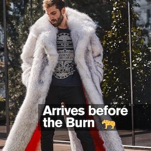 Ken white faux fur coat, long white mens furry jacket