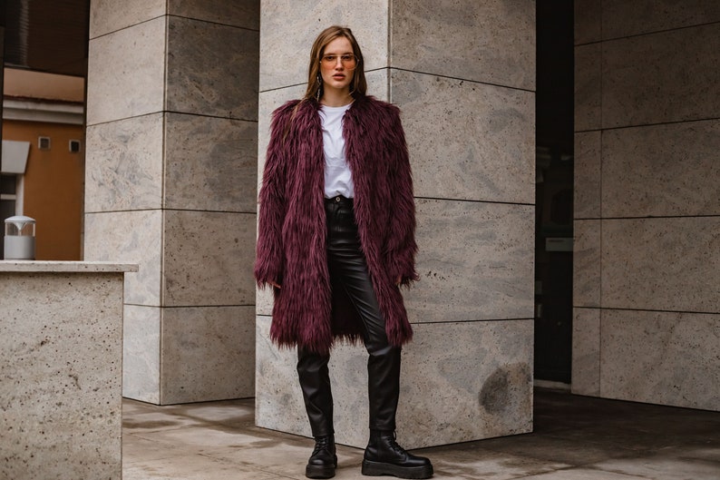 Purple faux fur coat Burning man coat Shaggy plum llama Long line midi jacket