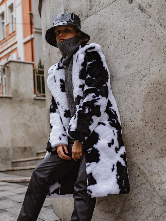 Cow Print Faux Fur Midi Coat Women Black White Spotted Jacket Fuzzy Fake Fur Coat Etsy Norway