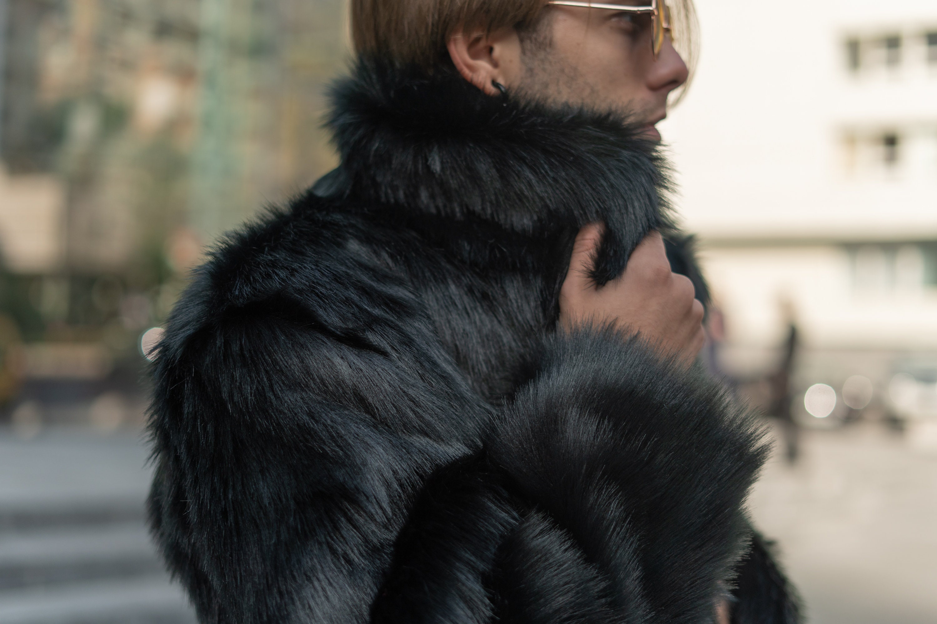 Black Collared Faux Fur Jacket, Men Short Fake Fur Jacket