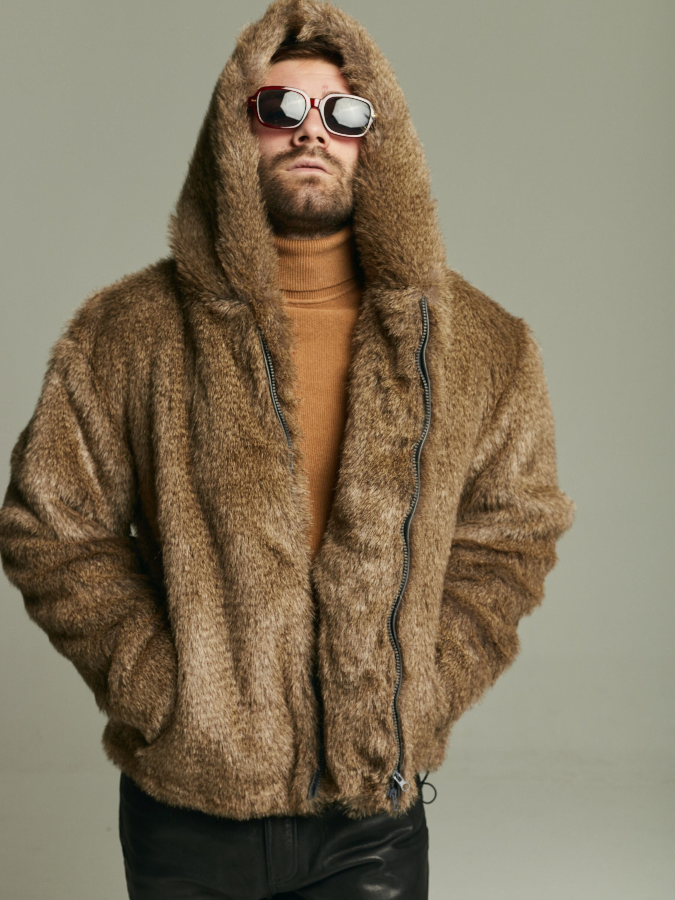 Wolf Faux Fur Bomber With Oversized Hood , Mens Furry Hooded