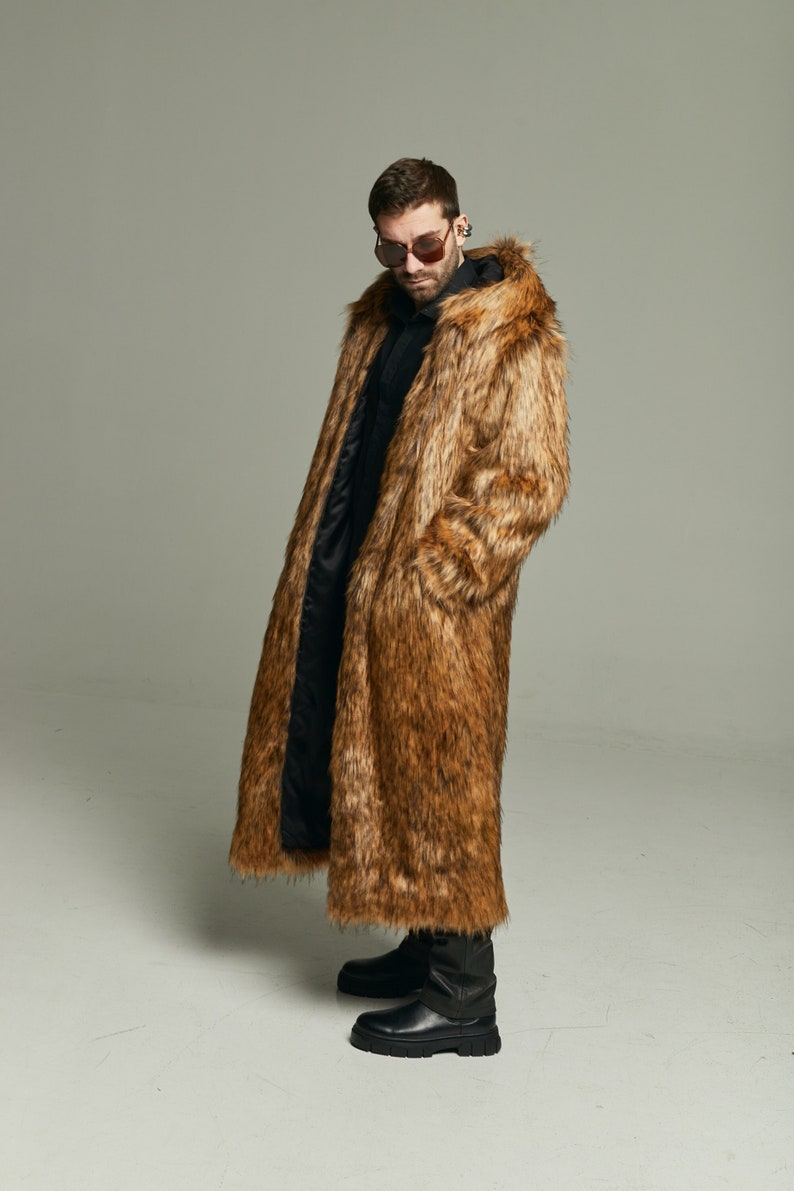 Mens long hooded faux fur coat