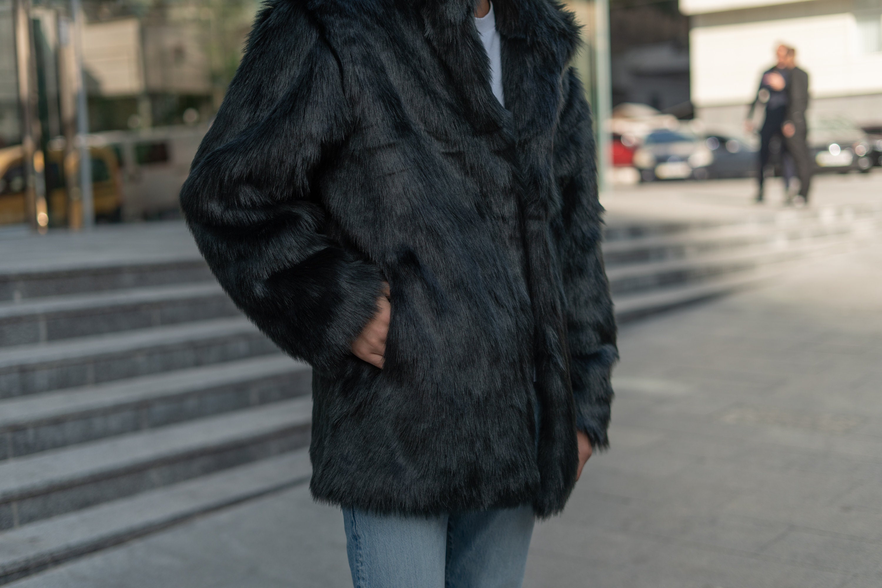 Black Collared Faux Fur Jacket, Men Short Fake Fur Jacket
