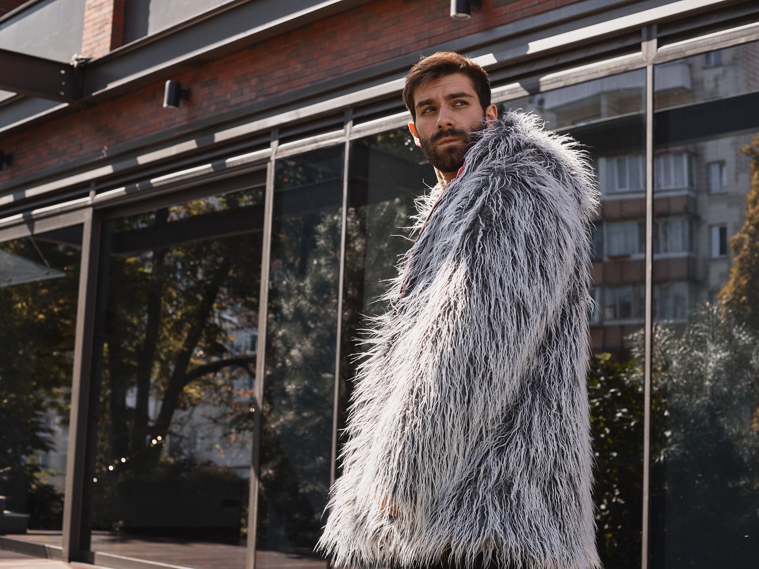 Mens Gray Faux Fur Jacket With Oversized Hood, Reversible Grey