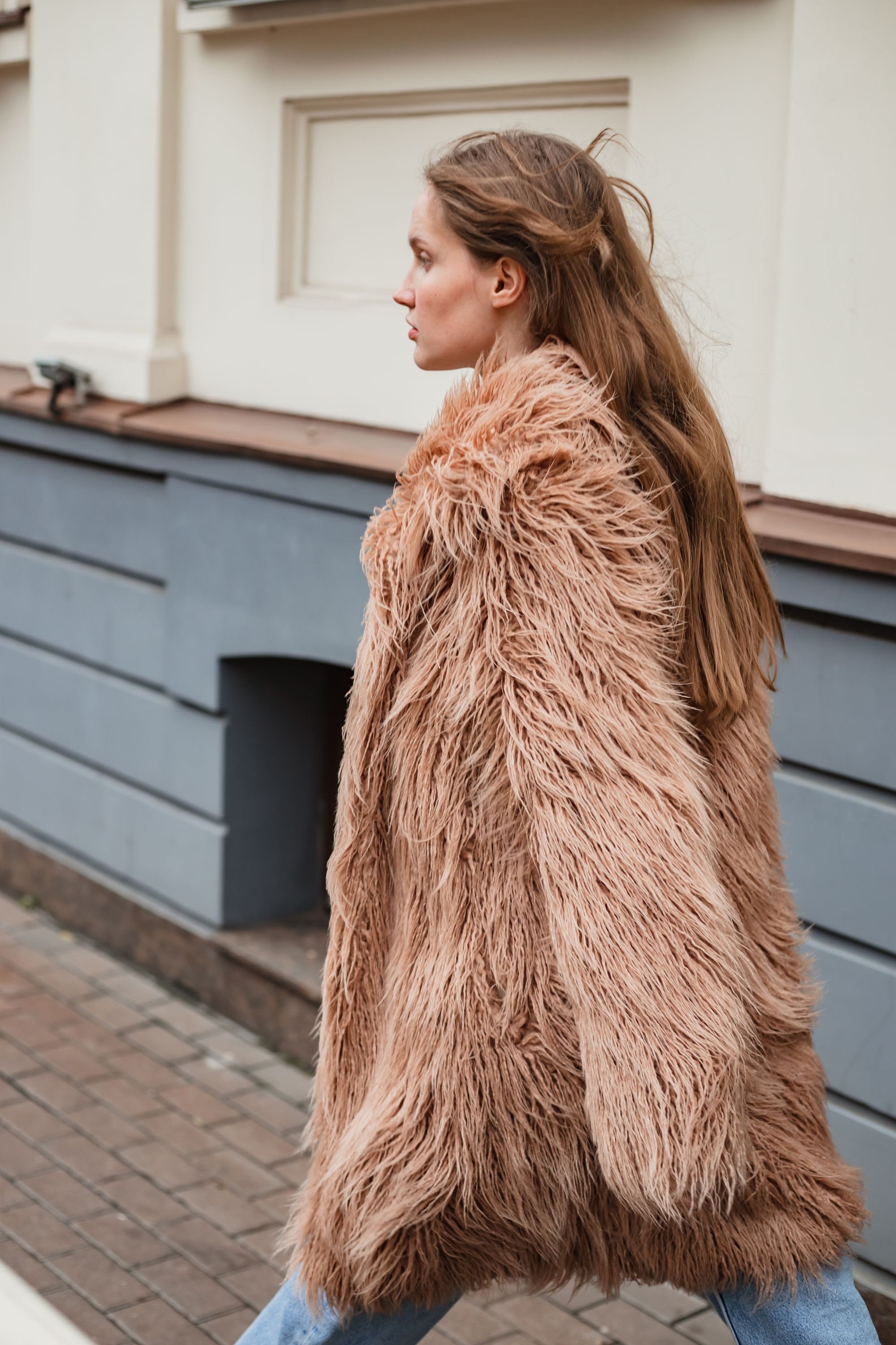 Long Faux Fur Coat With Collar, Beige Collared Fake Fur Coat